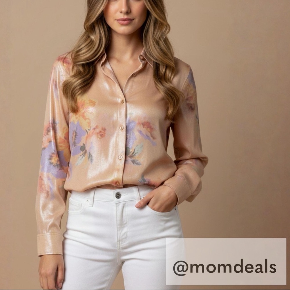 Lauren RL Long Sleeve Button Up Collared Floral Metallic Georgette Shirt XS NWT